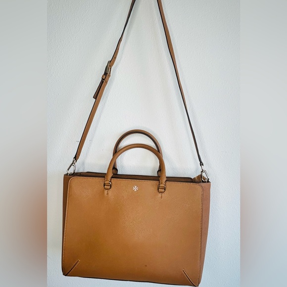 Tory Burch Robinson Saffiano Leather Brown Laptop Large Tote Purse VGC